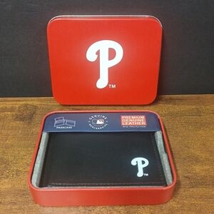 Philadelphia Phillies Black Leather Wallet in Red Tin